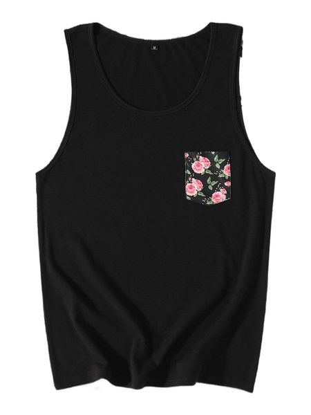 

men random floral print patched pocket tank 327m#, White;black