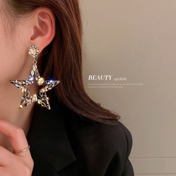 

925 silver stud rhinestone-encrusted water drop pentagram earrings european and american fashion retro high-key eardrop trendy new earrings, Golden