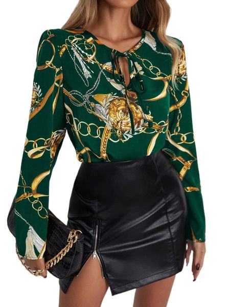 

chain & baroque print tie neck blouse 55e7#, White