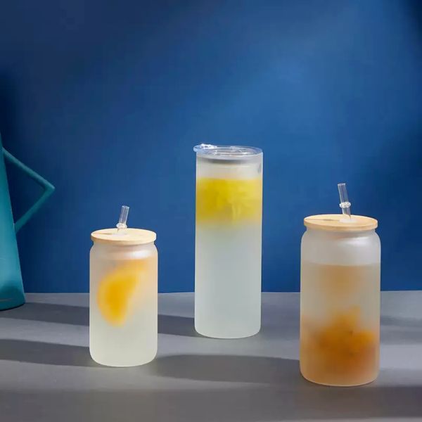

diy 16oz sublimation glass beer mug with bamboo lid straw blank frosted clear jar tumbler mugs sxa15