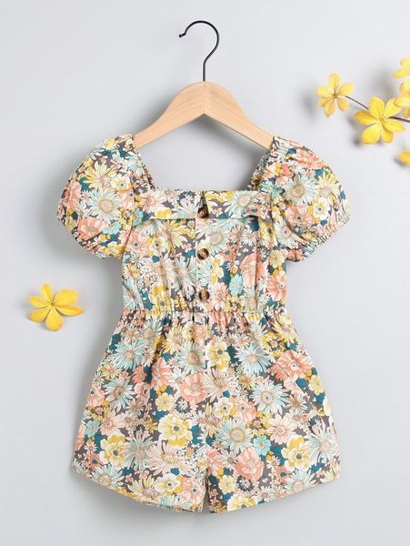 

toddler girls floral square neck puff sleeve romper she, Blue