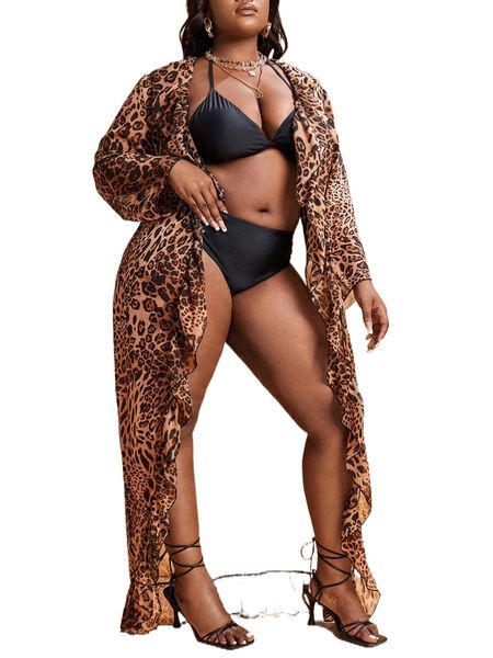 

plus leopard print ruffle trim kimono i89v#, Black;gray
