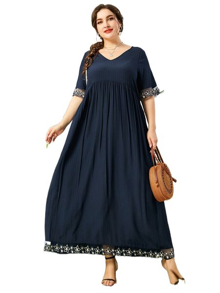 

plus contrast embroidery mesh trim smock dress x6f1#, Black