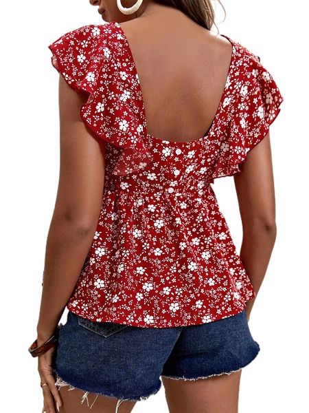 

floral print ruffle trim peplum blouse u5j1#, White