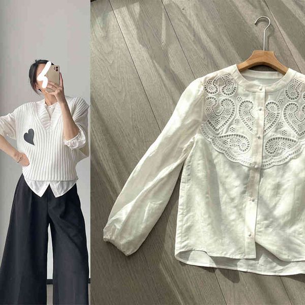 

women's polos p310385 french court style sd22 spring and summer guest linen round neck hollowed out shirt female yuan, White