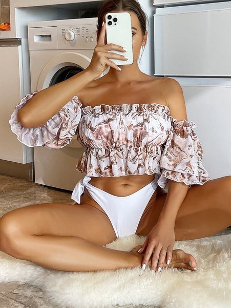 

tie dye ruffle hem off the shoulder bikini swimsuit p4pu#, White;black