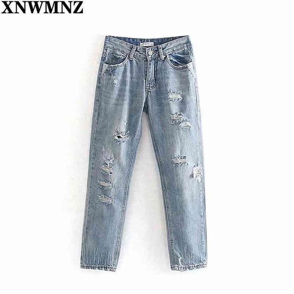 

xnwmnz za women chic fashion ripped hole side pockets jeans vintage high waist zipper fly denim female ankle trousers mujer 210513, Blue