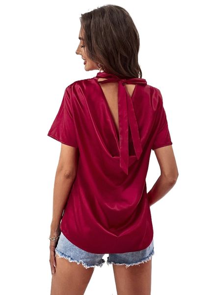 

tie back draped satin blouse w10h#, White