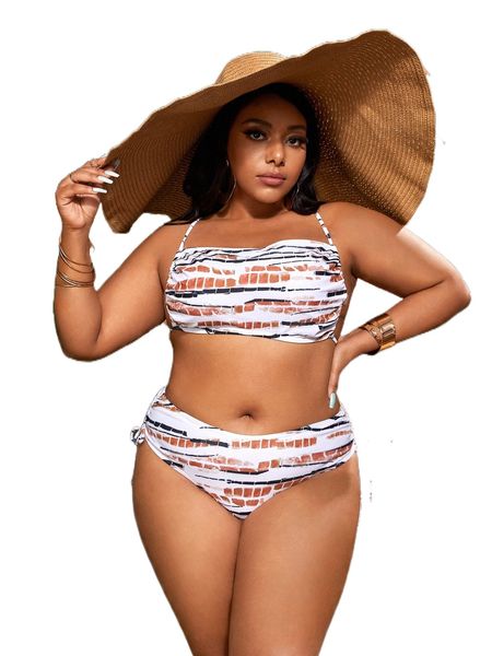 

plus tie dye drawstring high waist bikini swimsuit n2g5#, White;black