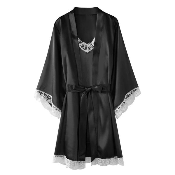 

satin tinted cardigan lace up nightgown pajamas solid color home suit loose women's pajamas two-piece suit, Black;white
