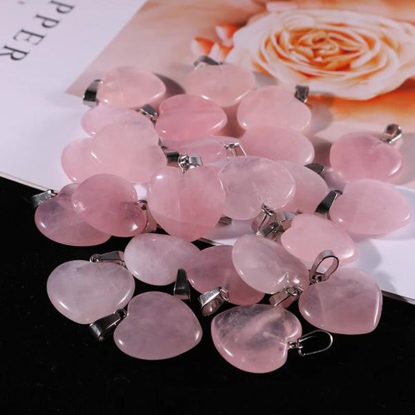 

rose quartzs crystal charms natural stone heart pendants fashion beads 20mm for diy jewelry making necklace gemstones, Bronze;silver
