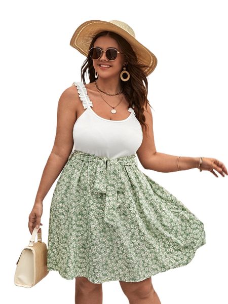 

plus ditsy floral belted cami dress 678v#, Black