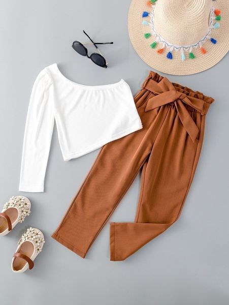

toddler girls one shoulder & belted paperbag waist pants she, White