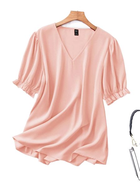 

plus solid v-neck flounce sleeve blouse 77os#, Black