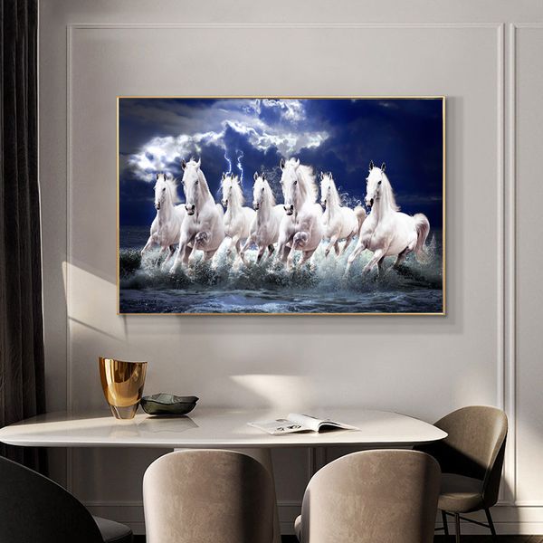 Branco Running Horse Animais Pintura a óleo impressão HD na tela Postra de arte de parede para salas de estar sofá cuadros decoração