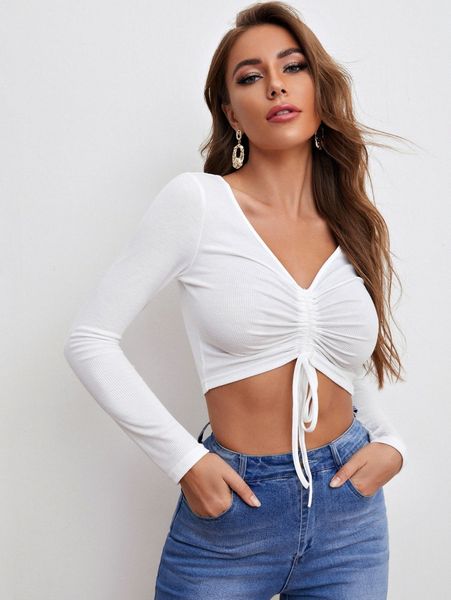 

drawstring ruched front rib-knit crop z9qp#, White