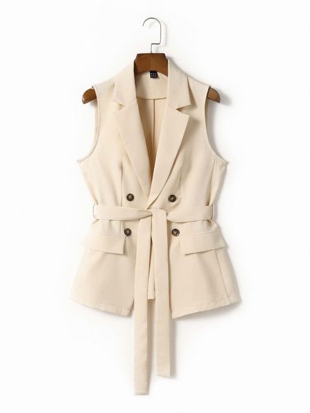 

lapel collar double button placket flap detail belted vest blazer o2j7#, White