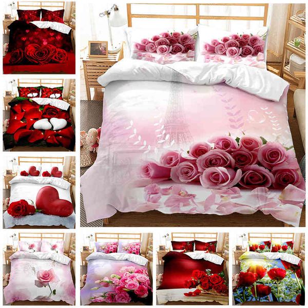 Rosen-Bettbezug-Set, rosa Herzmuster, romantisches Blumenthema, Bettwäsche für Liebhaber, Doppelbett, Queen-Size-King-Size-Steppdecke