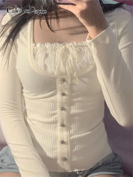 

korean cute y2k retro cotton lace patchwork buttons kawaii tshirts autumn square collar chic casual shirts cuteandpsycho 220714, White