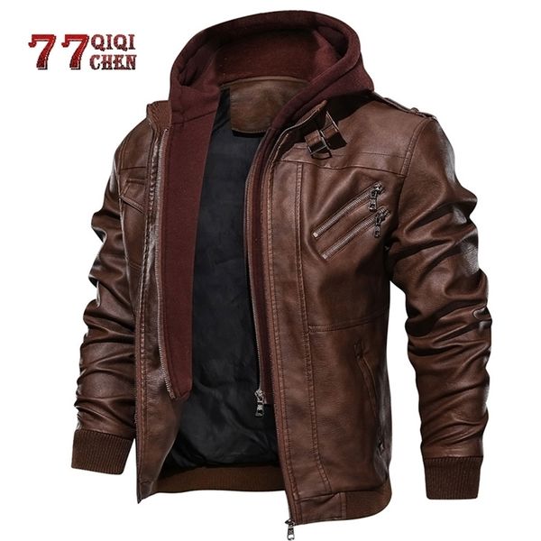 Jaqueta de couro masculina Motocicleta casual Capuz removível PU PU CAETOLE