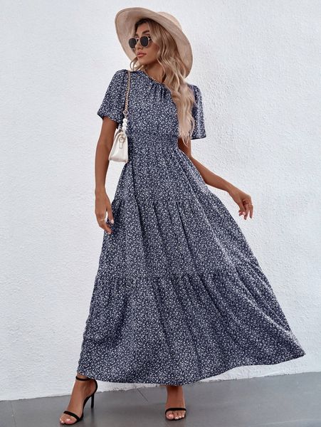 

ditsy floral ruffle hem maxi dress y3f4#, Black;gray