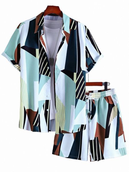 

men random color block & striped print shirt & shorts without tee a2jt#, Gray