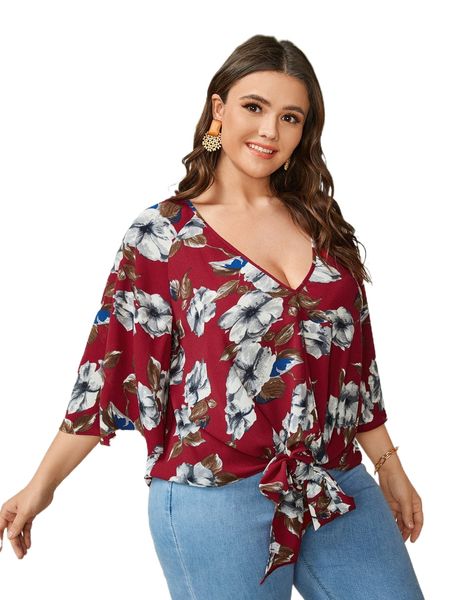 

plus allover floral print tie front o9t2#, Black