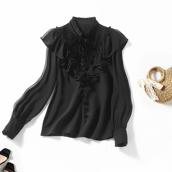 

women's blouses & shirts spring stand collar lace up single row button ruffle edge fungus mulberry silk shirt women's f6qc, White