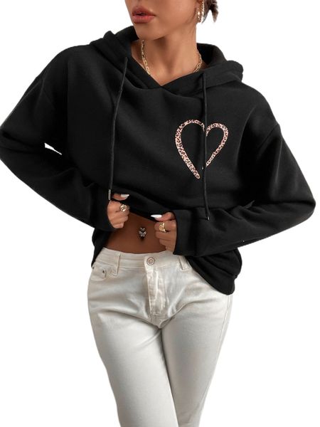 

leopard & heart print drop shoulder drawstring hoodie v6u2#, Black