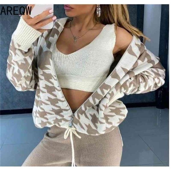 

spring autumn women knit plaid hooded cardigans pants two piece set casual knitted suits for woman 210331, Gray
