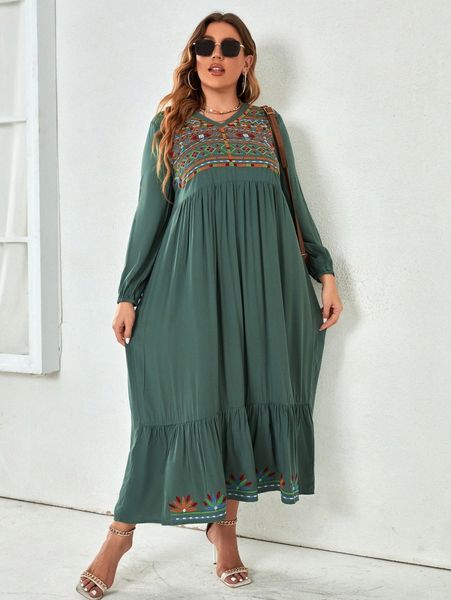 

plus geo embroidered lantern sleeve ruffle hem dress f6wv#, Black