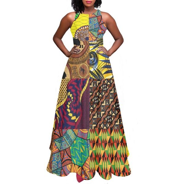 Lässige Kleider O-Ausschnitt Elegante Party Sexy Maxikleid Afrikanische Stammeselefanten Kaleidoskop Muster Benutzerdefinierter Druck Sommer Damen Ärmellos