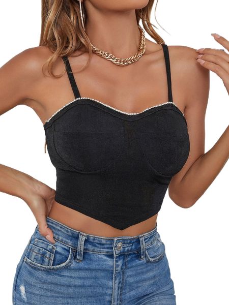 

contrast rhinestone trim hanky hem cami l9u1#, White
