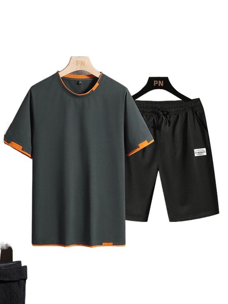 

men 2 in 1 tee & patch detail shorts 61oh#, Gray