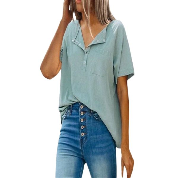 

2022 summer european and american conventional short sleeve loose joker round neck button solid color t-shirt jacket women r5qi#, White