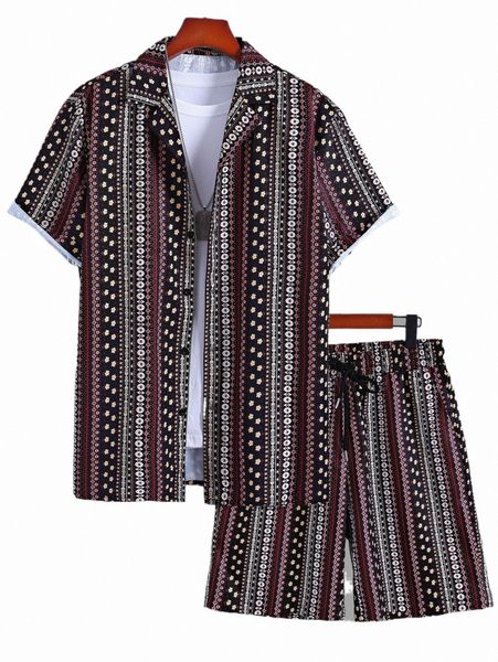 

men ditsy floral shirt & drawstring waist shorts without tee b1gc#, Gray