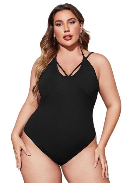 

plus solid halter bodysuit 74cb#, Black