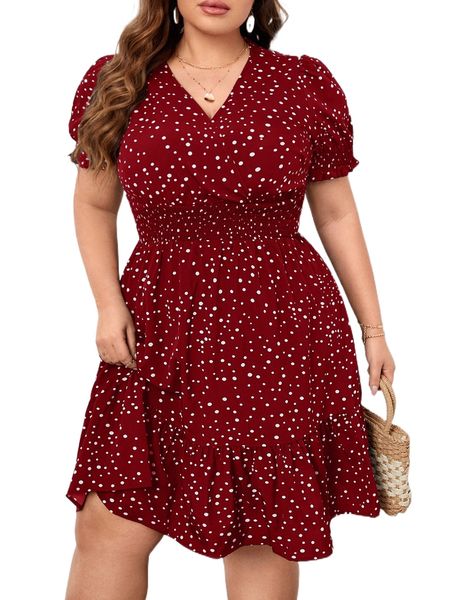 

plus polka dot print shirred waist dress j7v0#, Black