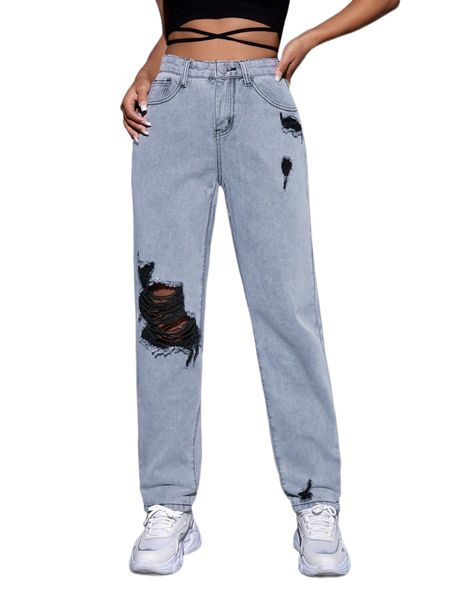 

high waist ripped mom jeans d3cr#, Blue