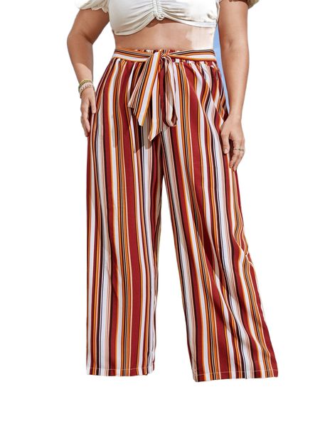 

plus stripe wide leg belted pants s8ln#, Black