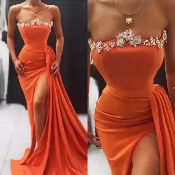 Coral Sexy Mermaid Prom Dresses Rüschen Perlen Split Side High Sweep Zug Abendkleider Robe De Soiree Formelles Partykleid BC12708 0809