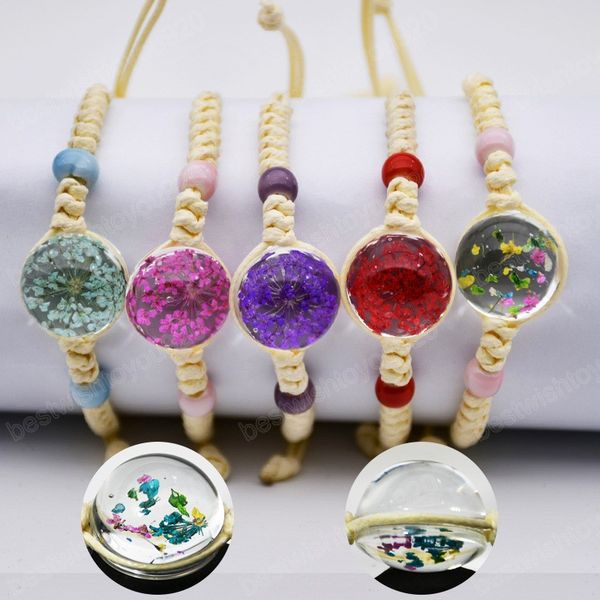 

cute dried flower charm bracelets hand-made transparent glass ball bracelets girl weave rope jewelry, Golden;silver