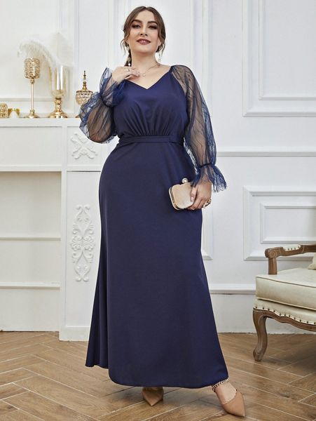 

plus contrast mesh flounce sleeve prom dress 14d6#, Black