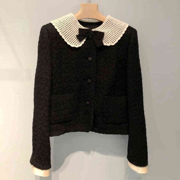 

black jacket hook flower doll collar tweed cardigan women's suit small coat new style in autumn and winter, Black;gray