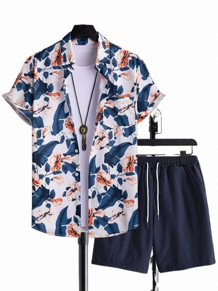 

men floral print shirt & drawstring waist shorts without tee w16v#, Gray