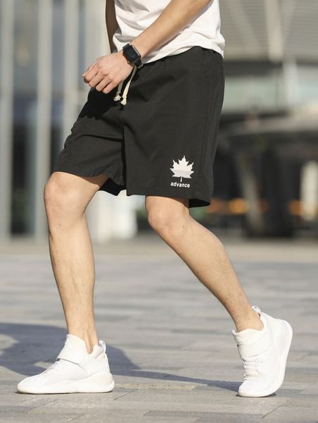 

men letter & maple leaf print drawstring waist shorts h2uj#, White;black