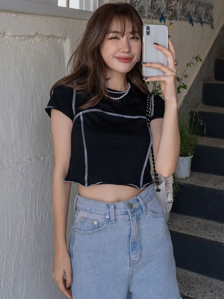 

dazy contrast stitching crop tee 19g8#, White