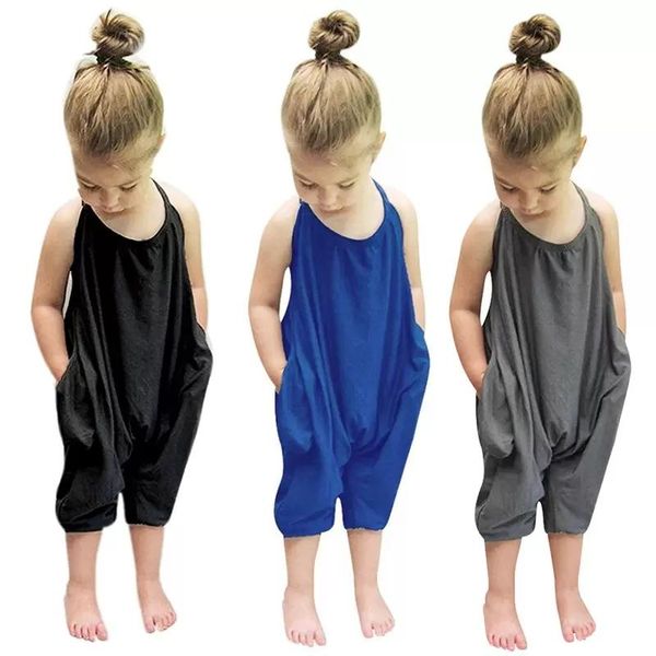 

2019 baby girls strap romper ins solid color sling sleeveless jumpsuits summer fashion boutique kids climbing clothes, Blue