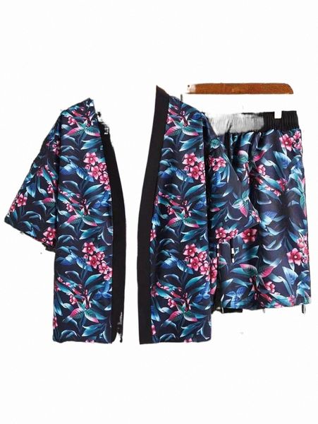 

men tropical print kimono & shorts d1xs#, Gray