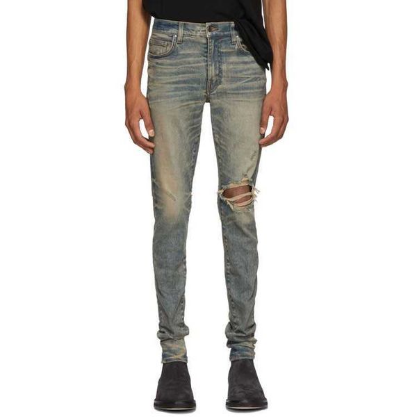 

clearance price is not much in stock amirs yellow clay one knee hole high street slim slp jeans men's fashion, Blue